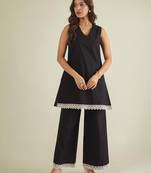 Women black cotton poplin lace detailed tunic with pant co-ord set
