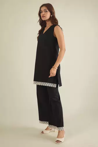 Women black cotton poplin lace detailed tunic with pant co-ord set