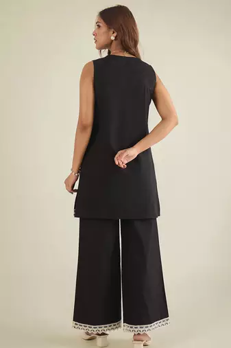Women black cotton poplin lace detailed tunic with pant co-ord set