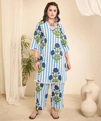 White striped floral printed cotton co-ord set 1