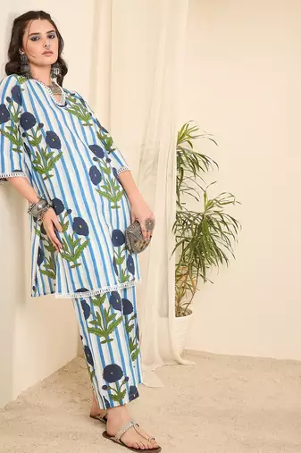 White striped floral printed cotton co-ord set