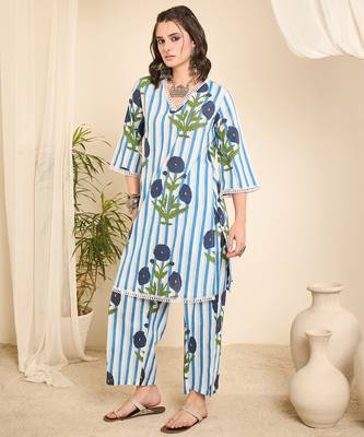 White striped floral printed cotton co-ord set 3