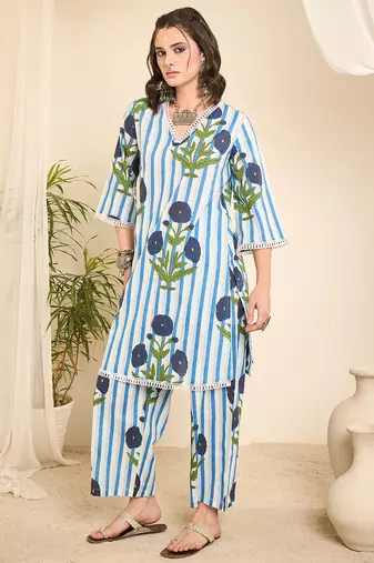 White striped floral printed cotton co-ord set