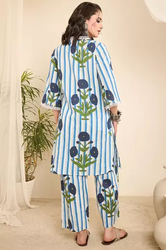 White striped floral printed cotton co-ord set
