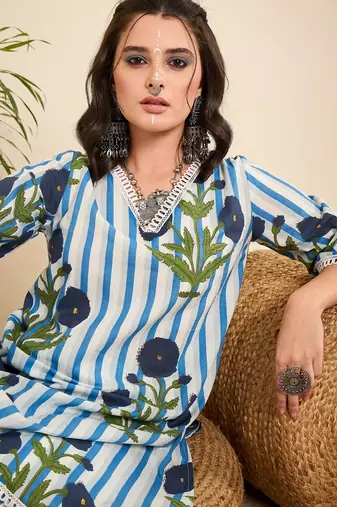 White striped floral printed cotton co-ord set
