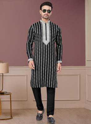 Black pure silk with embroidery and sequence work kurta pyjama for mens wear 1