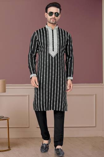Black pure silk with embroidery and sequence work kurta pyjama for mens wear