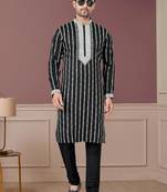 Black pure silk with embroidery and sequence work kurta pyjama for mens wear