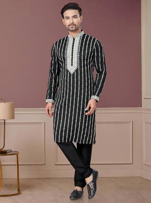 Black pure silk with embroidery and sequence work kurta pyjama for mens wear 2