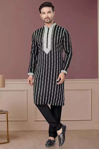 Black pure silk with embroidery and sequence work kurta pyjama for mens wear