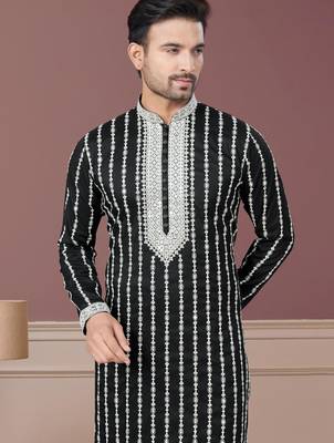 Black pure silk with embroidery and sequence work kurta pyjama for mens wear 3