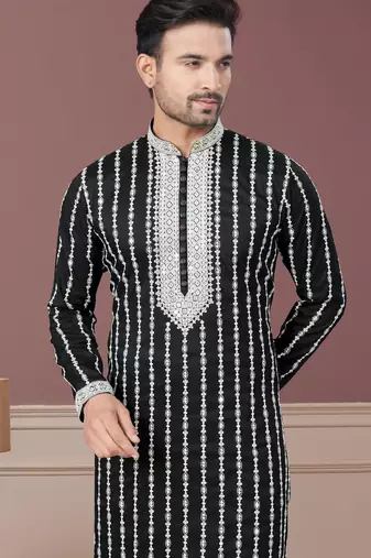 Black pure silk with embroidery and sequence work kurta pyjama for mens wear