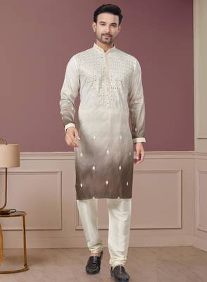 White and brown pure silk with embroidery and sequence work kurta pyjama for mens wear 1