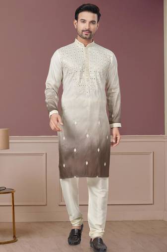 White and brown pure silk with embroidery and sequence work kurta pyjama for mens wear