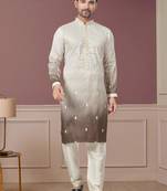 White and brown pure silk with embroidery and sequence work kurta pyjama for mens wear