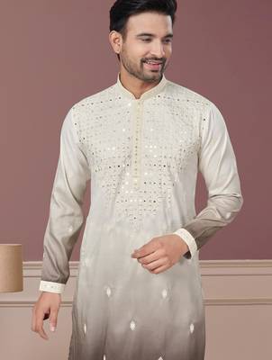 White and brown pure silk with embroidery and sequence work kurta pyjama for mens wear 2