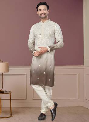 White and brown pure silk with embroidery and sequence work kurta pyjama for mens wear 3