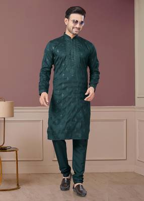 Green pure silk with embroidery and sequence work kurta pyjama for mens wear 1