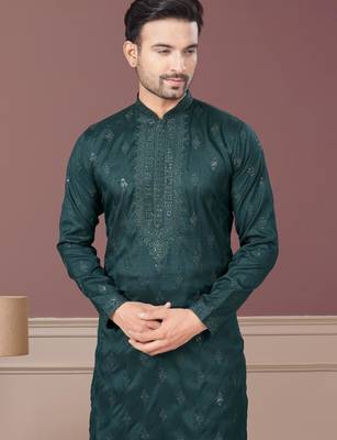 Green pure silk with embroidery and sequence work kurta pyjama for mens wear 2