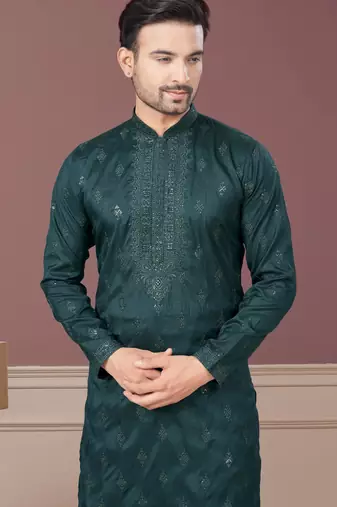 Green pure silk with embroidery and sequence work kurta pyjama for mens wear