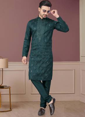 Green pure silk with embroidery and sequence work kurta pyjama for mens wear 3