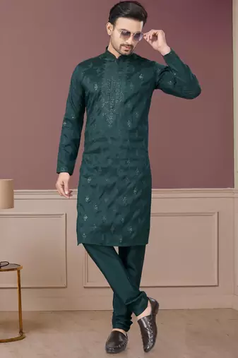 Green pure silk with embroidery and sequence work kurta pyjama for mens wear