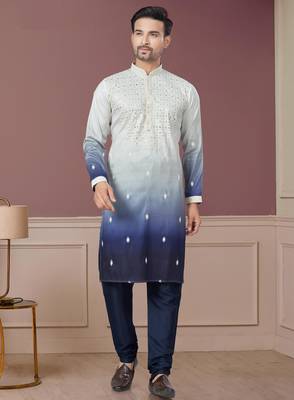 white and navy blue ombre pure silk with embroidery kurta pyjama 1