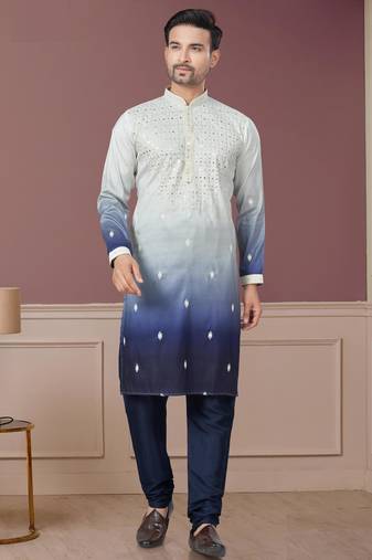 White and neavy blue pure silk with embroidery and sequence work kurta pyjama for mens wear
