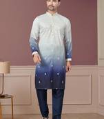 white and navy blue ombre pure silk with embroidery kurta pyjama
