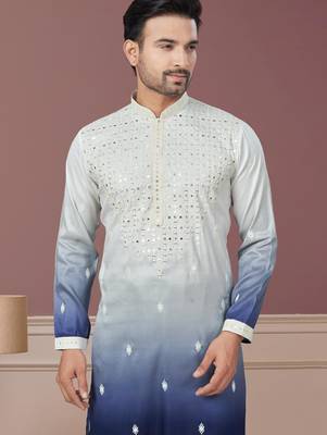 white and navy blue ombre pure silk with embroidery kurta pyjama 2