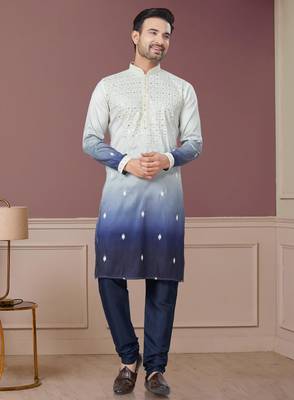 white and navy blue ombre pure silk with embroidery kurta pyjama 3