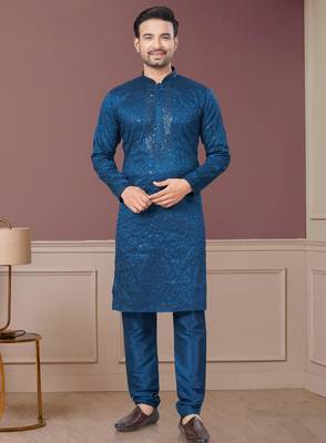 Blue pure silk with embroidery and sequence work kurta pyjama for mens wear 1