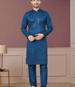 Blue pure silk with embroidery and sequence work kurta pyjama for mens wear