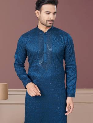 Blue pure silk with embroidery and sequence work kurta pyjama for mens wear 2
