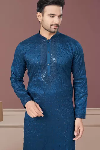 Blue pure silk with embroidery and sequence work kurta pyjama for mens wear