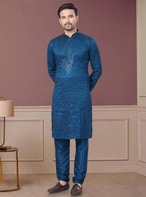 Blue pure silk with embroidery and sequence work kurta pyjama for mens wear 3