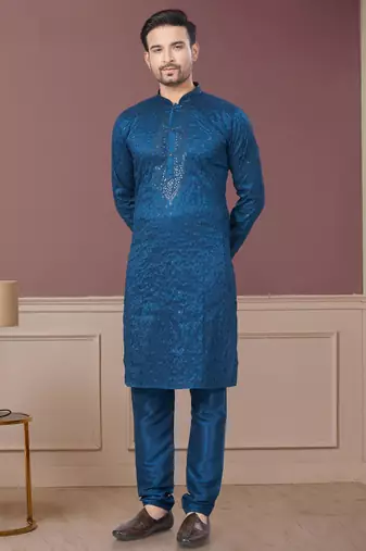Blue pure silk with embroidery and sequence work kurta pyjama for mens wear