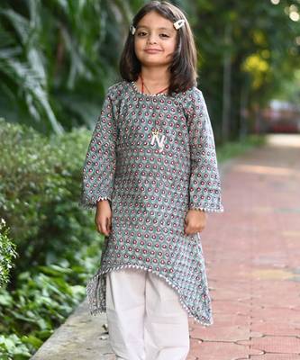 Teal cotton block print floral kurta salwar set for girls 1