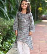 Teal cotton block print floral kurta salwar set for girls