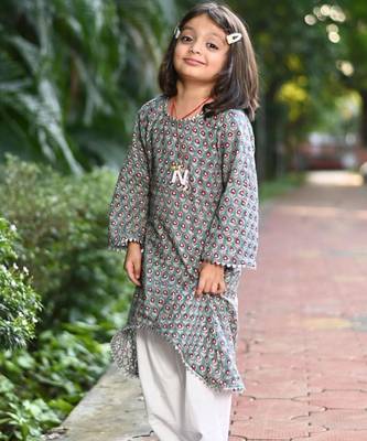 Teal cotton block print floral kurta salwar set for girls 2