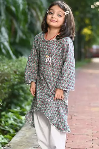 Teal cotton block print floral kurta salwar set for girls