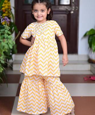 Yellow chevron block printed cotton sharara kurta set with gota embroidery for girl 1