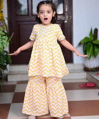 Yellow chevron block printed cotton sharara kurta set with gota embroidery for girl 2