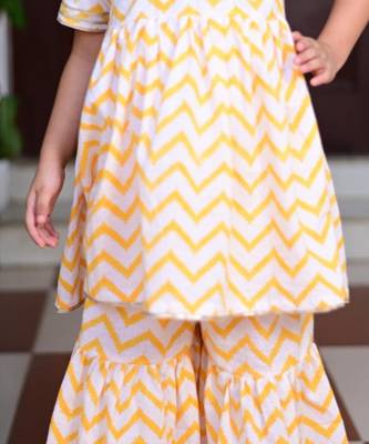 Yellow chevron block printed cotton sharara kurta set with gota embroidery for girl 3