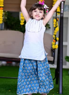 Blue white block printed cotton lehenga & sleeveless gota top set for girls 1
