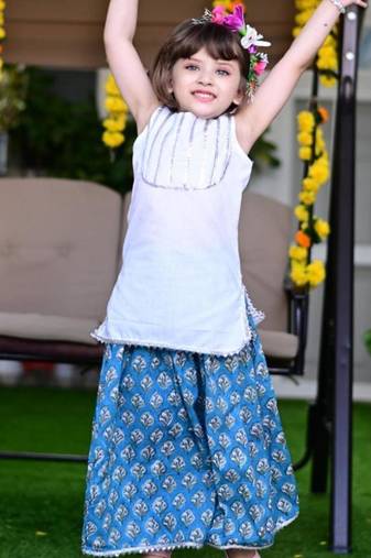 Blue white block printed cotton lehenga & sleeveless gota top set for girls