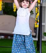 Blue white block printed cotton lehenga & sleeveless gota top set for girls