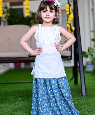 Blue white block printed cotton lehenga & sleeveless gota top set for girls 3