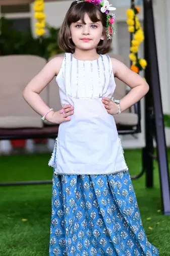 Blue white block printed cotton lehenga & sleeveless gota top set for girls