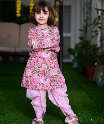 Ice-cream pink cotton block printed traditional dhoti kurta set with gota highlights for girls 1